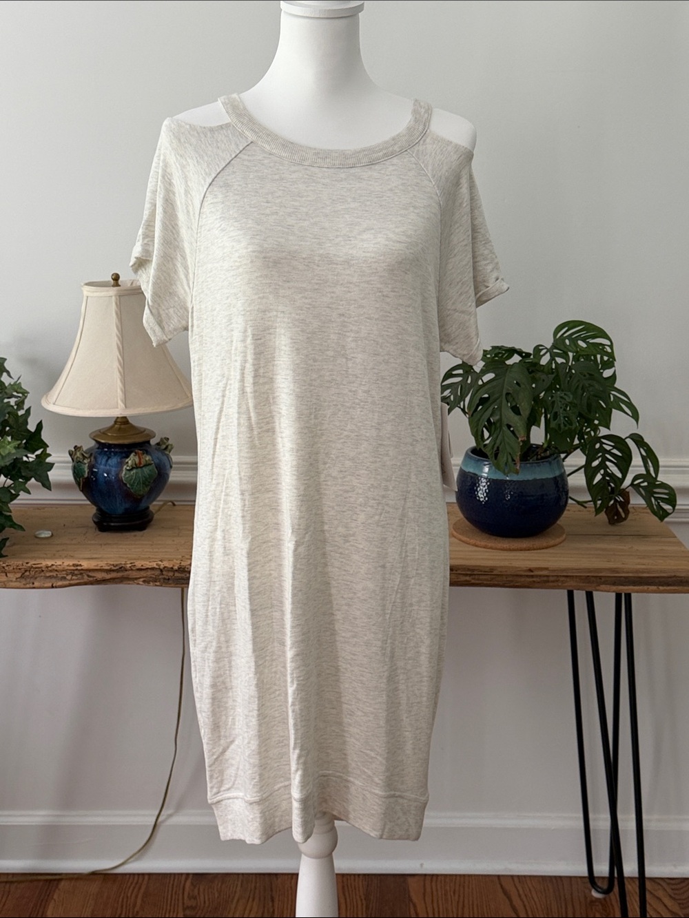 Athleta Light Heathered Cream Cold-Shoulder Midi Dress